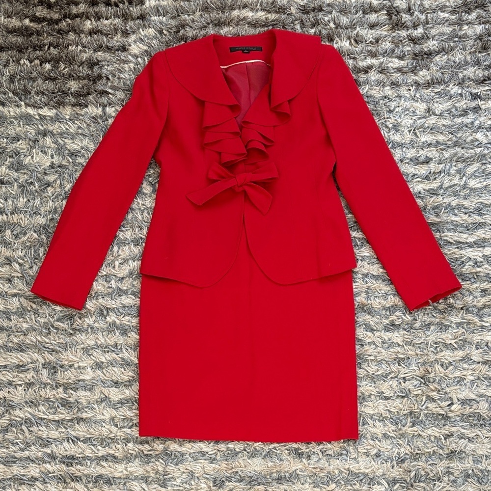 Anne Klein Red Ruffle Blazer and Skirt Set, Size 0 (Waist 28”)